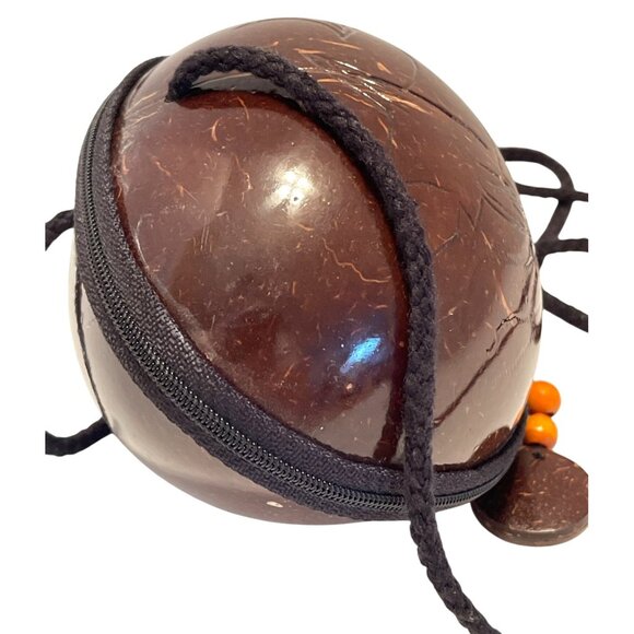 Shoulder Clutch Purse Brown Coconut Shell Carved Fish Zipper Close Lined Vintage - Picture 5 of 10